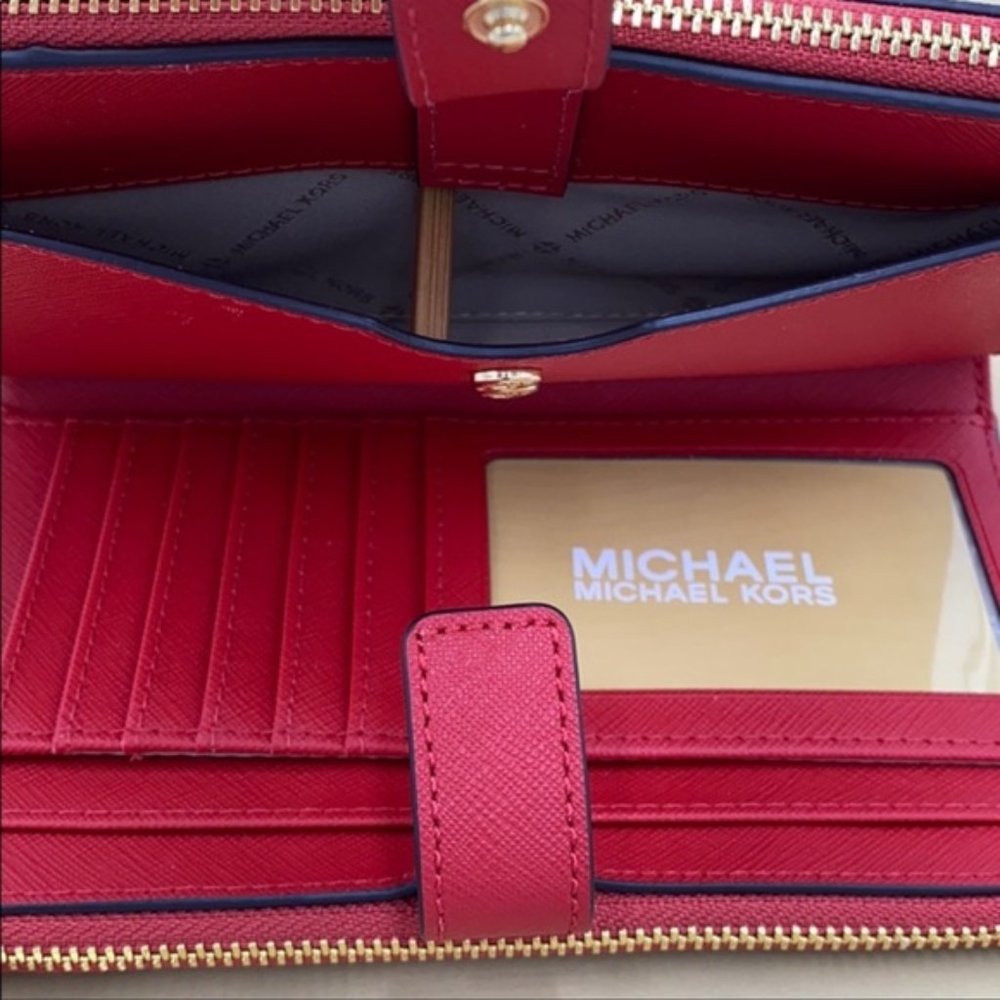 Michael Kors Jet Set Travel Large Double Zip Wallet Wristlet Leather Flame - Picture 14 of 16